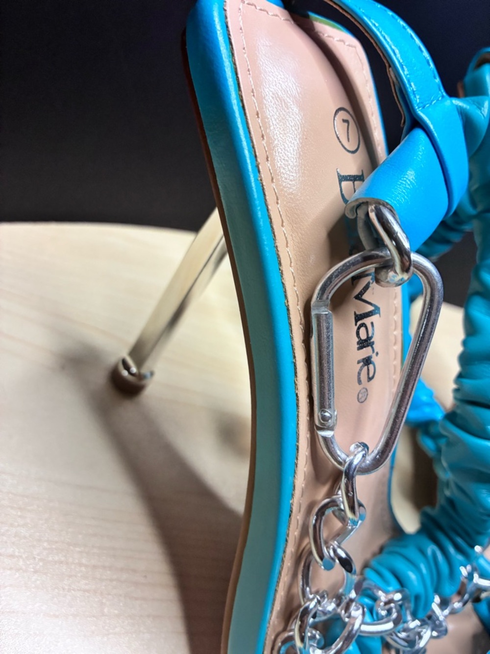 Turquoise Ruched Chain Strap Square-Toe Heels - Picture 3 of 7